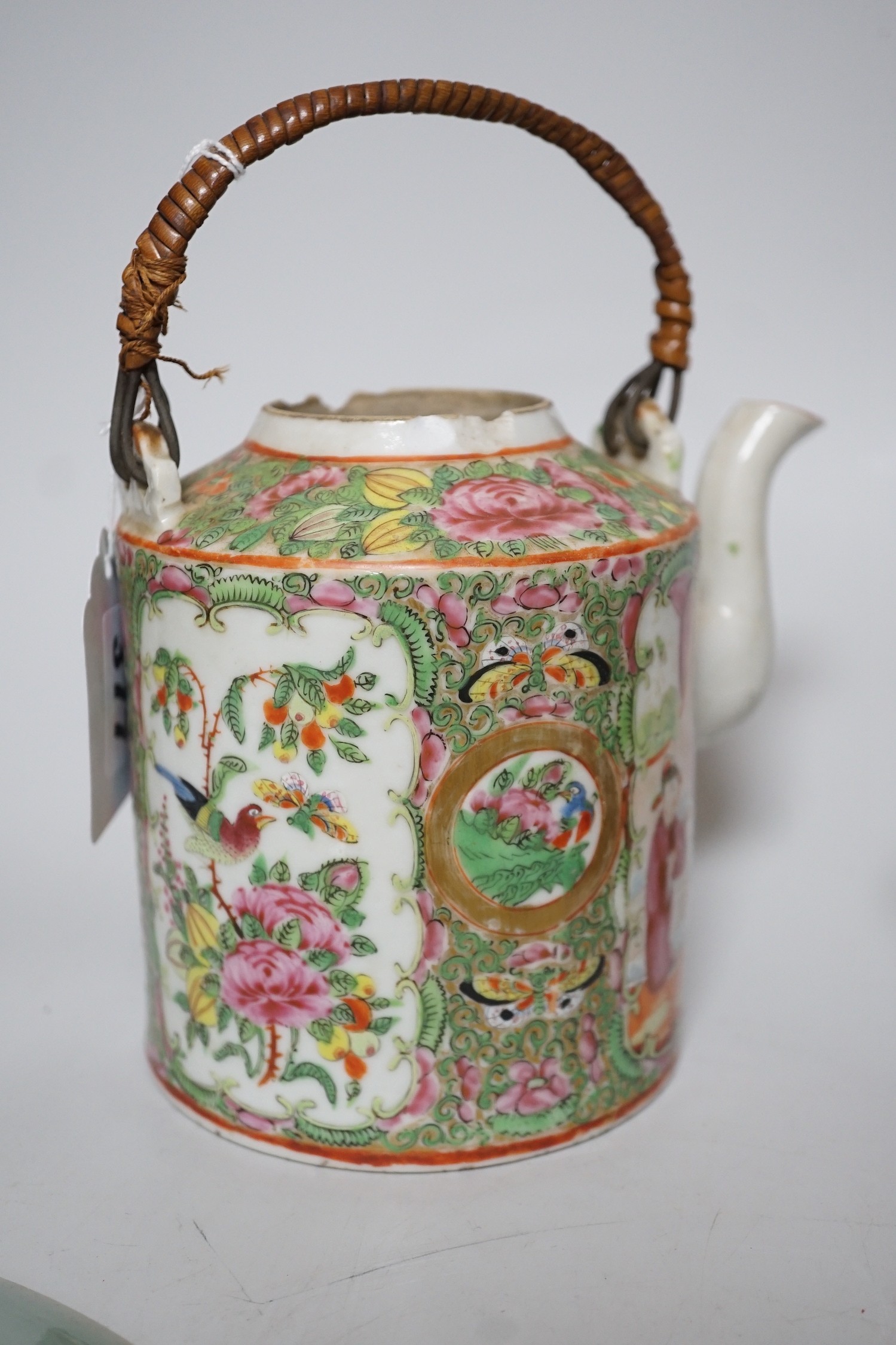 A pair of Chinese celadon ground famille rose plates, a Chinese famille rose tea pot and a bronze censer, plates 26cms diameter